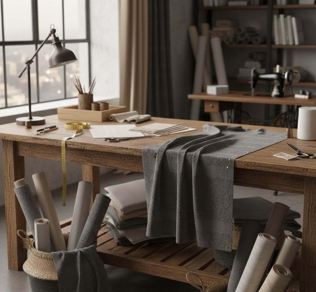 Atelier met stoffen en gereedschap