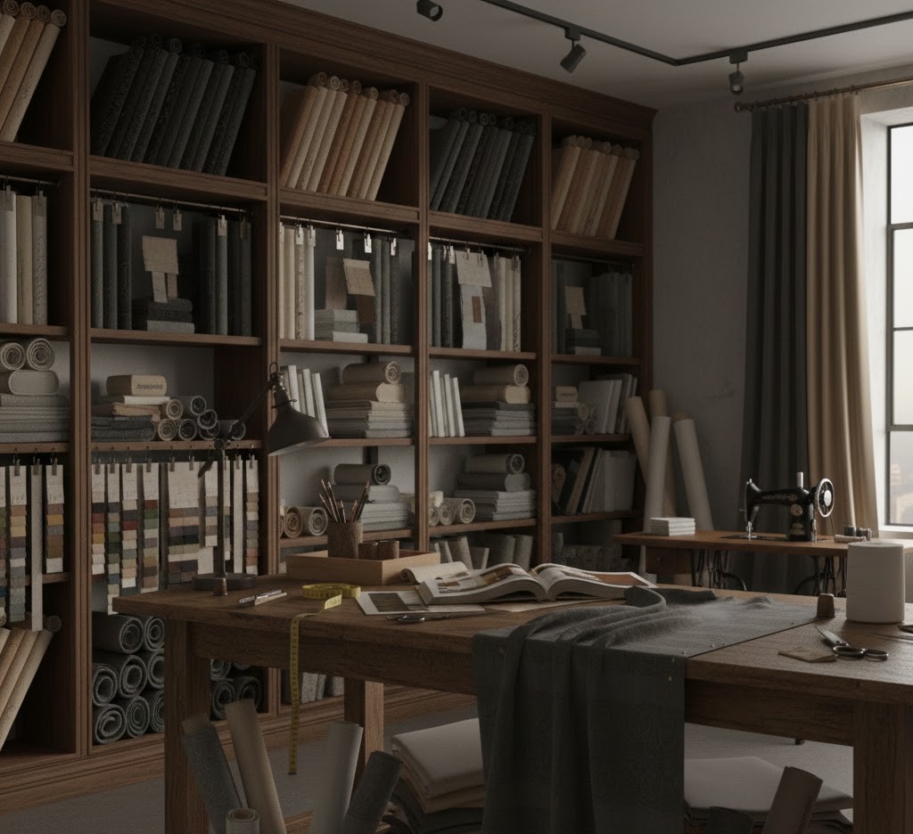 Stoffenbibliotheek met georganiseerde kleuren