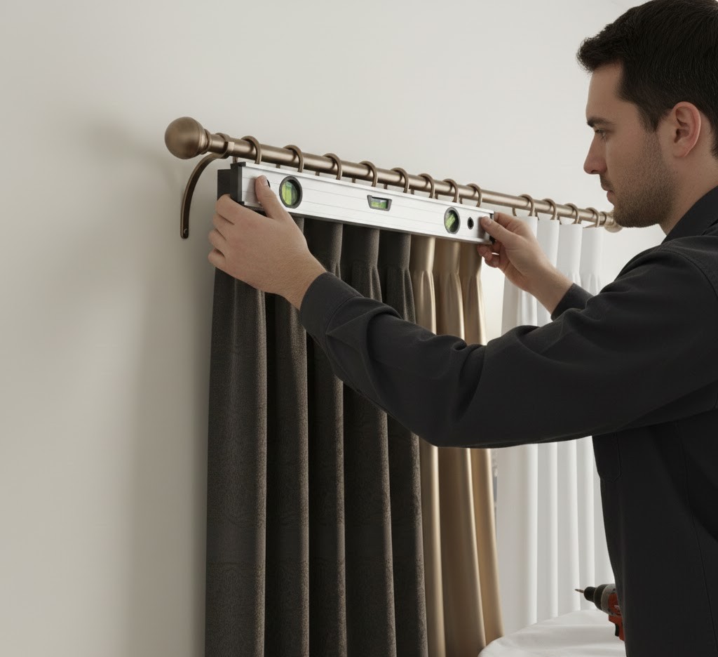 Installateur stelt gordijnbeugel af