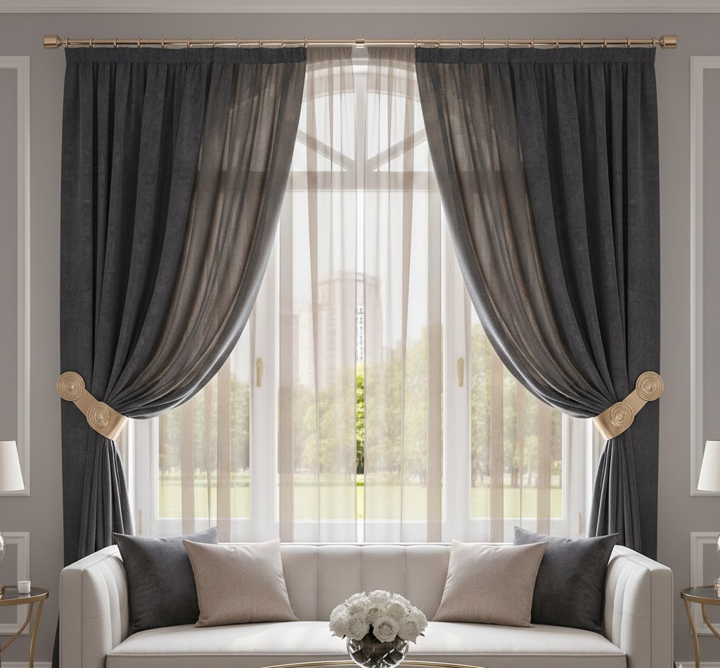 Woonkamer met gelaagde gordijnen