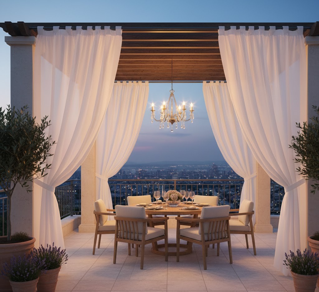 Buitenruimte met sheer gordijnen